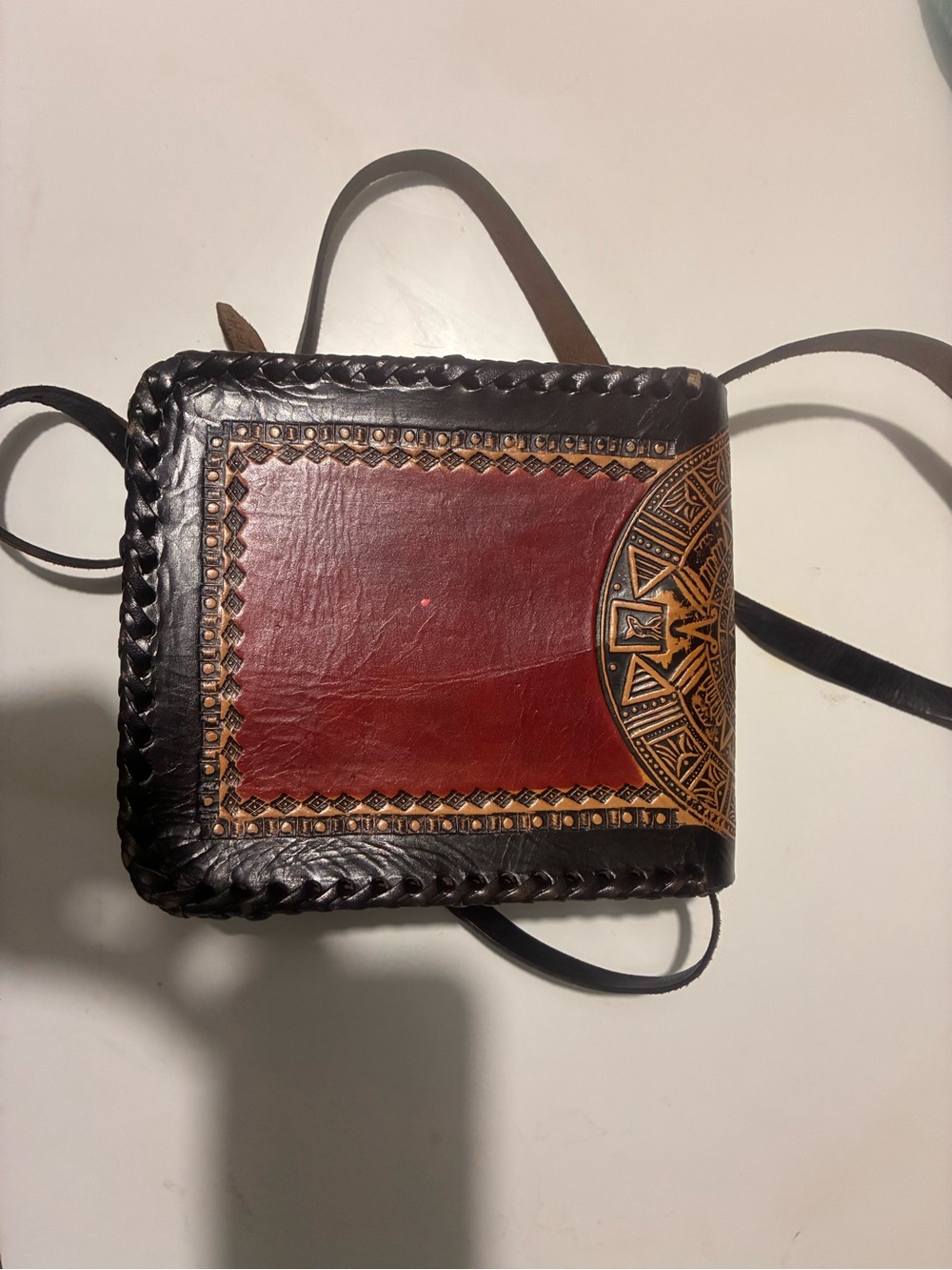 Mayan Handcrafted Leather Crossbody Bag in Black and Cognac - Picture 3 of 4